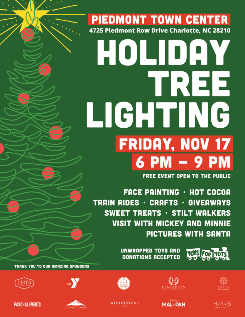 Holiday tree lighting event with crafts, train rides, and treats on Nov 17 from 6-9 PM.