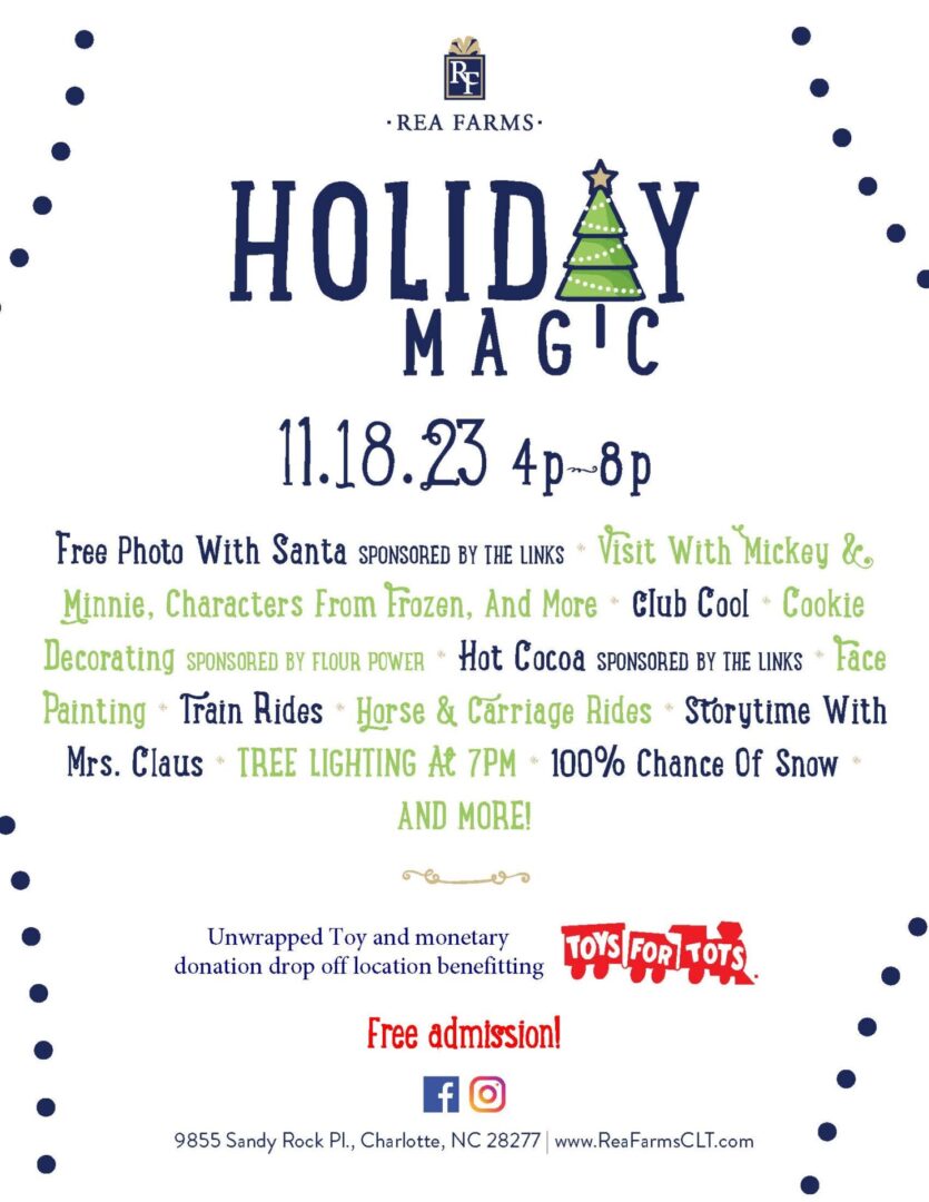 Holiday Magic event flyer with festive graphics and event details.